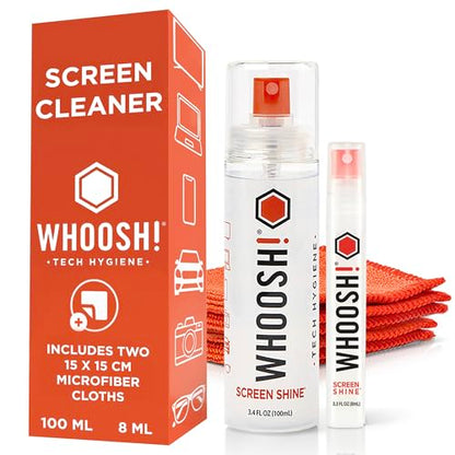 WHOOSH! Screen Shine Duo - Screen Cleaner Spray for iPad, Monitor, Laptop, MacBook - 3.4 oz & 0.3 oz Bottles with 2 Microfiber Cloths - Portable Electronic Cleaning Kit for Travel, Office, and Home - size: 3.7 Fl Oz (Pack of 1)