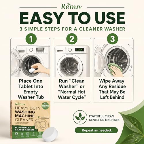 Renuv® Heavy Duty Washing Machine Cleaner & Descaler & Deodorizer Tablets | Deep Cleaning Tablets Remove Residue, Grime Buildup, Front Load or Top Load Washer, HE and Septic Safe, 6 Month Supply - style: 6 XL Tablets (6 Months)