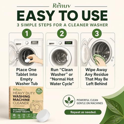 Renuv® Heavy Duty Washing Machine Cleaner & Descaler & Deodorizer Tablets | Deep Cleaning Tablets Remove Residue, Grime Buildup, Front Load or Top Load Washer, HE and Septic Safe, 6 Month Supply - style: 6 XL Tablets (6 Months)