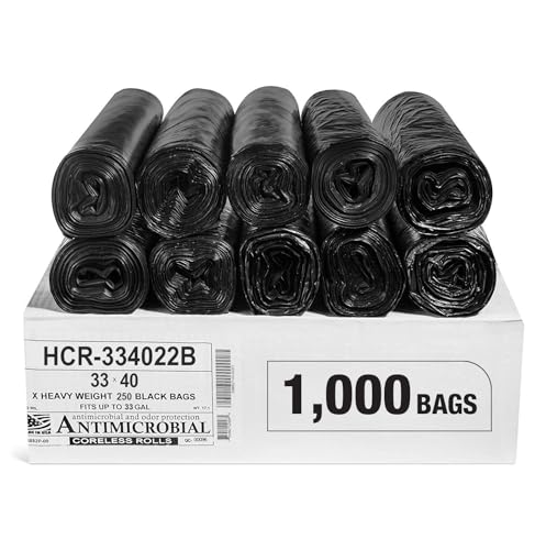 Aluf Plastics High Density Trash Bags, 33 Gallon, 1000 Count, 22 Micron (eq), 33" x 40", Black, for Bathroom, Office, Industrial, Commercial, Janitorial, Municipal, Recycling - color: Black, style: 33 Gal, 22 Micron Equiv, 1,000 Count