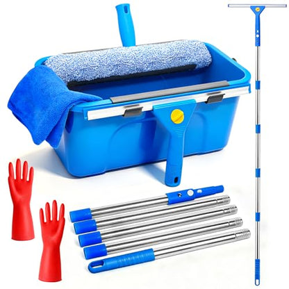 Window Cleaning Kit with 3 Gal Bucket - 14'' Window Squeegee&15'' Scrubber&76'' Long Handle Window Cleaner Tool, Professional Windows Washing Equipment for Home, Commercial Use, Outdoor, Car