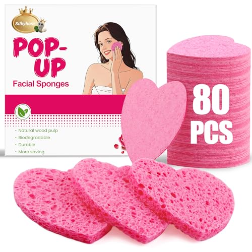 80-Count Compressed Cellulose Heart Shape Facial Sponges – 100% Natural Cosmetic Sponges for Gentle Facial Cleansing, Exfoliating, Makeup Remover & Mask Application, Reusable Travel Size