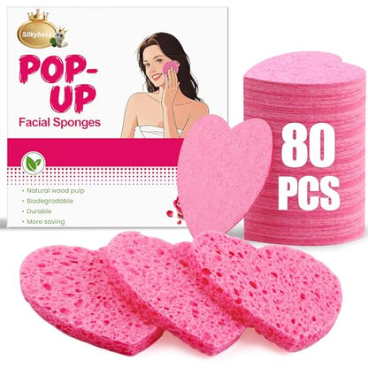 80-Count Compressed Cellulose Heart Shape Facial Sponges – 100% Natural Cosmetic Sponges for Gentle Facial Cleansing, Exfoliating, Makeup Remover & Mask Application, Reusable Travel Size