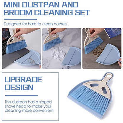 cobee Small Broom and Dustpan Cleaning Set, Mini Whisk Dustpan and Brush with Handle Portable Table Top Dust Pan Dining Table Crumb Sweeper Cleaning Tools with Soft Bristles for Housekeeping(Blue)