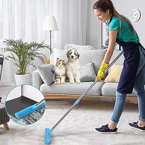 Landhope Fur Remover Broom, Rubber Broom with Squeegee Long Handle, 50 inches Sweeping Rug Brush Clean Carpet Windows Wooden Floor Sofa Bathroom Rugs Car Floor No Scratch - color: Blue Broom and Brush