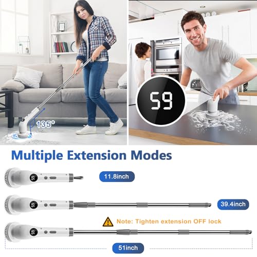 qimedo Electric Spin Scrubber, Rechargeable Handheld Electric Scrubber for Cleaning, Cordless Power Dish Scrubber with 7 Brushes for Bathtub Grout Tile Floor - size: 2000mAh Scrubber with 46.5-inch Handle