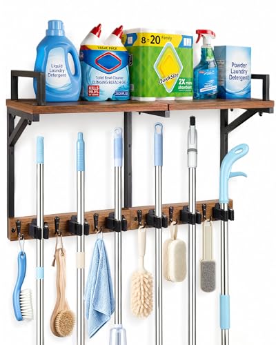 Lorbro Broom Holder Wall Mount with Cleaning Supplies Storage, Heavy Duty Broom and Mop Organizer Wall Hanging, Wooden Mop Organizer Hanger, 3 in 1 Storage Shelves for Laundry Room, Garage, Closet - size: Large