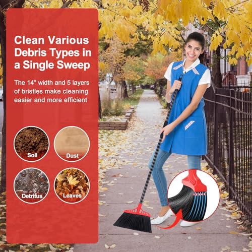 Tiumso Heavy Duty Angle Broom - 55" Adjustable Iron Handle with Stiff Bristles - Commercial-Grade Indoor/Outdoor Broom for Garage, Patio, Kitchen, Sidewalk & Concrete Cleaning (Black & Red) - color: Black and Red