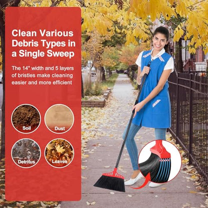 Tiumso Heavy Duty Angle Broom - 55" Adjustable Iron Handle with Stiff Bristles - Commercial-Grade Indoor/Outdoor Broom for Garage, Patio, Kitchen, Sidewalk & Concrete Cleaning (Black & Red) - color: Black and Red