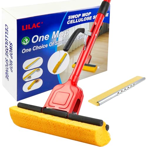 Cellulose Sponge Pop Up Sponge Mop with 1 Swop Roller Sponge mop Suitable for Wood, Ceramic Tiles and Other Flat Floors (1 Handle and 1 Heads) (red Light) - color: Red Light