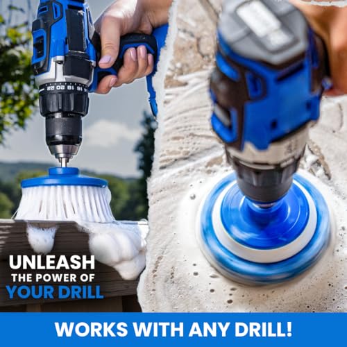 RotoScrub Drill Cleaning Brush & Sponge Pads Kit – Indoor/Outdoor Power Scrubber for Tubs, Showers, Grout, Tile, Tires, Grills, Siding, Wood, Glass Cooktops – Drill Attachment Accessory Set