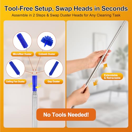 Tiumso Dusters for Cleaning,Microfiber Feather Duster 5-in-1 Kit, Duster with Extension Pole 100 Inches, Cobweb Duster, Microfiber Dusters for High Ceilings and Fans, Blinds and Cars - color: Blue