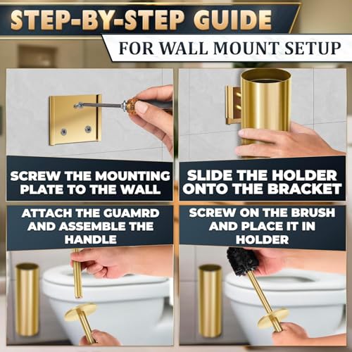 Gold Toilet Brush and Holder Set with Wall Mount - Modern Wall Mounted Toilet Brush Made from Corrosion-Resistant Stainless Steel - Removable Inner Bowl, Splash Protection & Dense Bristles Supplied - color: Gold Wall-mounted