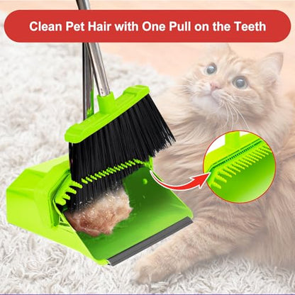 Tiumso Upgrade Broom with Dustpan Combo Set, Broom and Dustpan Set with 51'' Long Handle, Large Upright Brooms and Dust Pans, ZeroGap Lip, Self-Cleaning Teeth for Lobby and Restaurant - Light Green - color: Green