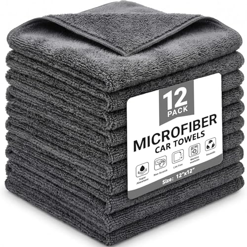 Puomue 12 Pack Microfiber Cleaning Cloth for Cars, 12" X 12" Car Microfiber Towels, Soft, Absorbent and Lint Free Cleaning Cloth, Premium Wash Cloth for Car,Window and Household, Dark Grey