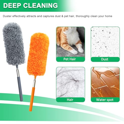 4 Pack Small Microfiber Feather Duster, with 13" to 30" Extendable Pole, Microfiber Head, Cleaning Tool for Cleaning Office, Car, Computer, Furniture, Sofa (Orange/Blue/Green/Gray)