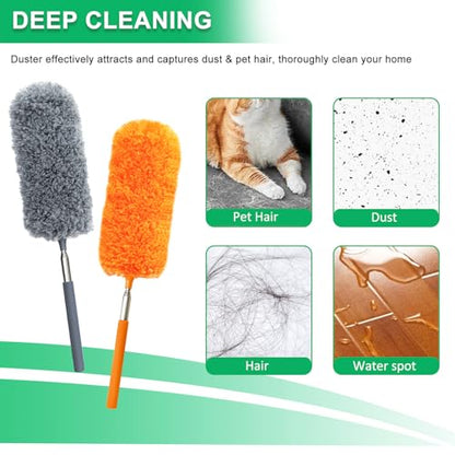 4 Pack Small Microfiber Feather Duster, with 13" to 30" Extendable Pole, Microfiber Head, Cleaning Tool for Cleaning Office, Car, Computer, Furniture, Sofa (Orange/Blue/Green/Gray)