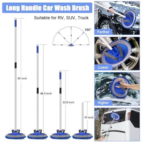 anngrowy 62" Microfiber Car Wash Brush with Long Handle, Car Washing Blue Set Mitt, Sponge, Car Cleaning Supplies Kit, Duster, Car Brush Accessories - color: Blue Set