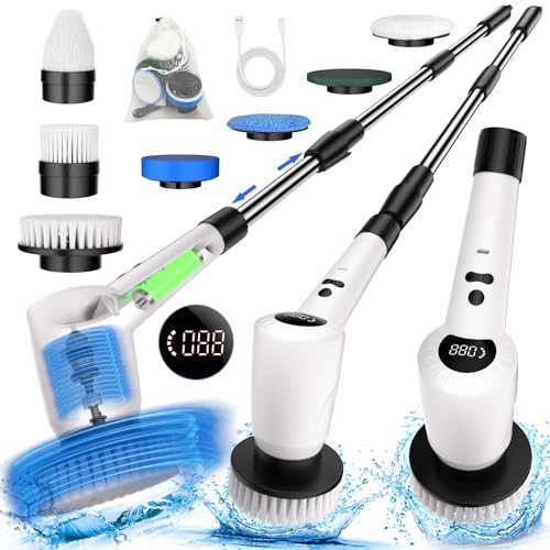 Electric Spin Scrubber，Upgrade Electric Spin Cordless Tub and Tile Scrubber w/ Adjustable Extension Arm，3 Speed 7 Replaceable Cleaning Heads，Power Spin Scrubbers Cleaning Bathroom，Floor，Car