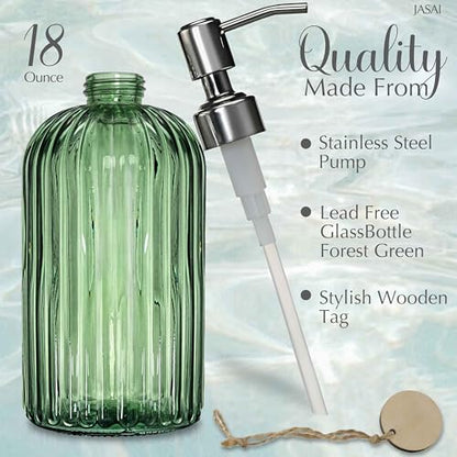 JASAI 18Oz Green Soap Dispenser with Rust Proof Pump, Refillable Bathroom Soap Dispenser with Thick Glass, Kitchen soap Dispenser for Dish soap, Hand Soap, Lotion, Body Wash. - color: Forest Green