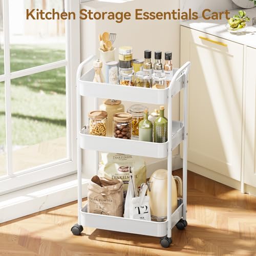 YASONIC 3-Tier Metal Rolling Cart, Sturdy Storage Utility Carts with Wheels, Multifunction Craft Art Organizer for Bedroom, Laundry, Garage, Office, Nursery, Bathroom, Easy Assembly (White) - color: White