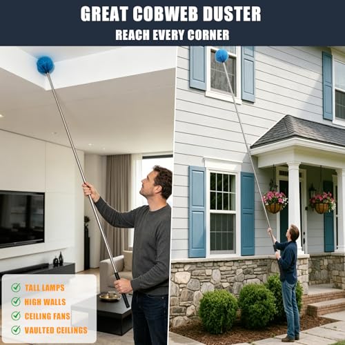Cobweb Duster with 5FT Extension Pole, Adjustable Stainless Steel Handle & Stiff Bristles – Lightweight Dusting Brush for Indoor/Outdoor Cleaning –Ceiling Fans,Corners,Eaves,Vents,Cleans Up to 12FT - size: 5 FT（REACH UP TO 12FT）