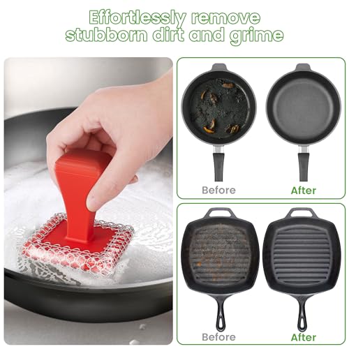 TOPULORS Cast Iron Scrubber Cleaner & 316L Stainless Steel Chainmail Scrubber with 2 Scrapers, Ergonomic Silicone Handle Brush for Pans Skillets Grills Dishes Cleaning - Non-Scratch Rust-Proof - Red