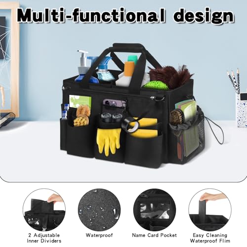 Grekos Wearable Cleaning Caddy Bag, Cleaning Caddy Suppliers Organizer with 4 Foldable Dividers, Handle & Shoulder Straps Cleaning Tool Organizers for Cleaners & Housekeeper (Black) - color: black