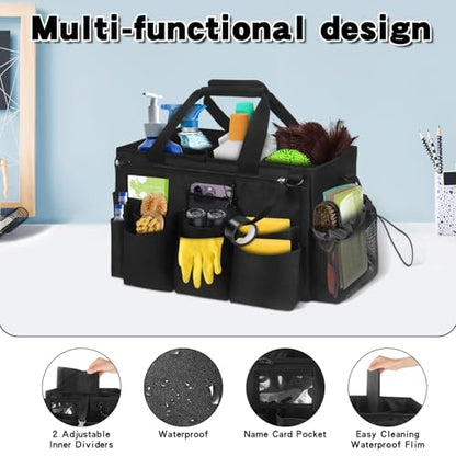 Grekos Wearable Cleaning Caddy Bag, Cleaning Caddy Suppliers Organizer with 4 Foldable Dividers, Handle & Shoulder Straps Cleaning Tool Organizers for Cleaners & Housekeeper (Black) - color: black