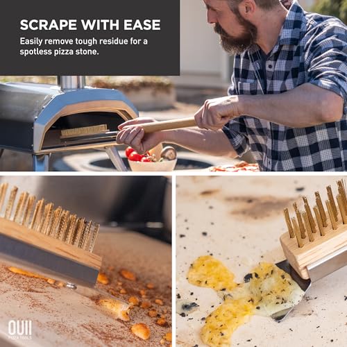 26'' Pizza Oven Brush with Stone Scraper - Includes 2 Brush Heads, Heat-Resistant Gold Stainless Steel Bristles - Long Grip Handle, Compatible with Ooni, Gozney, Blackstone, Solo Stove Ovens - color: Tan - 2 Brush Heads