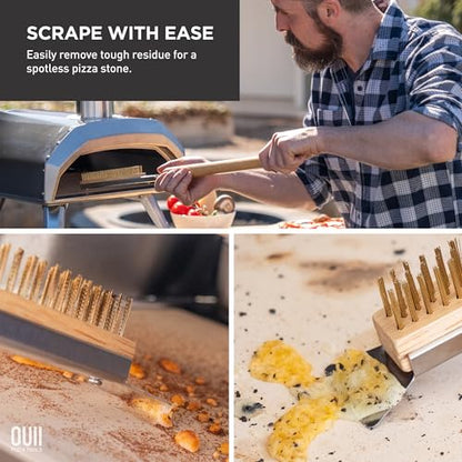 26'' Pizza Oven Brush with Stone Scraper - Includes 2 Brush Heads, Heat-Resistant Gold Stainless Steel Bristles - Long Grip Handle, Compatible with Ooni, Gozney, Blackstone, Solo Stove Ovens - color: Tan - 2 Brush Heads