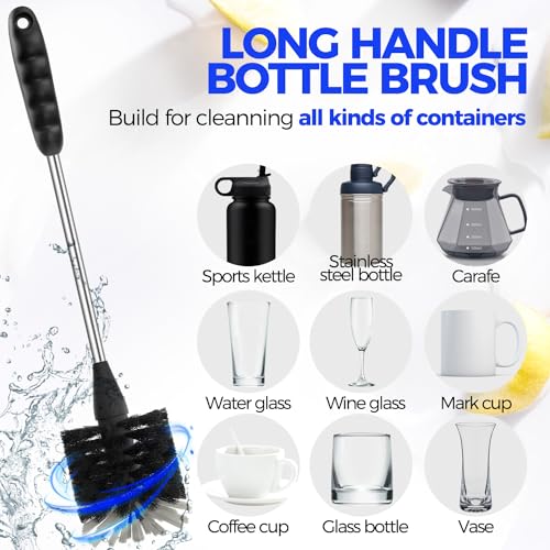 Holikme 5-Piece Bottle Brush Cleaner Set - 14" Stainless Steel Handle, 3 Straw Brushes, Cleans Water Bottles, Cups, Baby Bottles, Black & Grey - color: Black, size: 5Pack