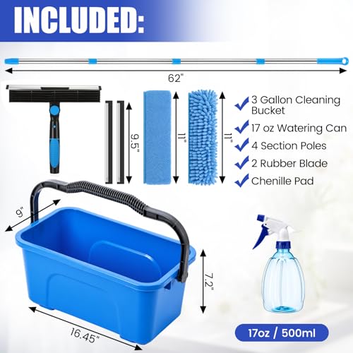 Window Cleaning Kit with Bucket 71" Long Handle 4-in-1 Rotatable Window Squeegee and Microfiber Scrubber Pads High Windows Washing Tool for Commercial Home Outdoor Car