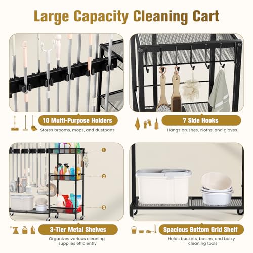 Broom Holder with Cleaning Supplies Organizer, Cleaning Utility Cart on Wheels, 10 Clips & 7 Hooks, 3-Tier Shelves, Broom Closet Storage Cabinet with Cleaning Caddy for Home Commercial Use