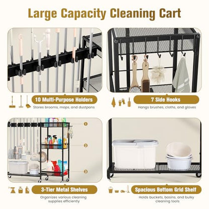 Broom Holder with Cleaning Supplies Organizer, Cleaning Utility Cart on Wheels, 10 Clips & 7 Hooks, 3-Tier Shelves, Broom Closet Storage Cabinet with Cleaning Caddy for Home Commercial Use