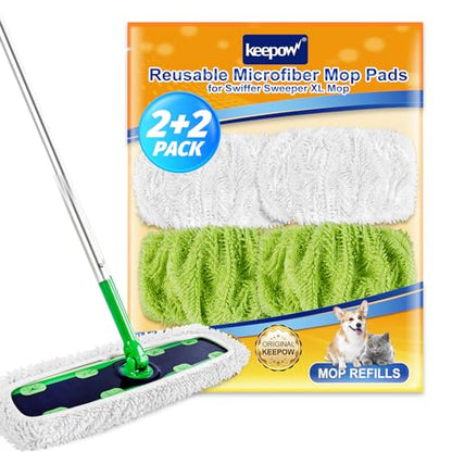 KEEPOW Reusable XL Wet Pads Compatible with Swiffer XL Sweeper, X-Large Dry Sweeping Cloths, Wet Mopping Cloths, Washable Microfiber XL Wet Pads Refills for Surface/Hardwood Floor Cleaning, 4 Pack - size: 4 Pack, Green & White