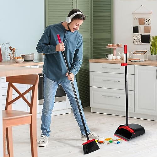 TreeLen Dust Pan and Broom/Dustpan Cleans Broom Combo with 52" Long Handle for Home Kitchen Room Office Lobby Floor Use Upright Stand Up Broom and Dustpan Set - Black/Red - color: Red/Black