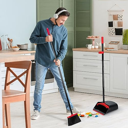 TreeLen Dust Pan and Broom/Dustpan Cleans Broom Combo with 52" Long Handle for Home Kitchen Room Office Lobby Floor Use Upright Stand Up Broom and Dustpan Set - Black/Red - color: Red/Black