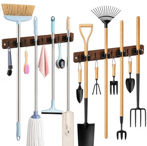 AceMining Broom Holder Wall Mounted, 2 Pack 4 Holders and 4 Hooks Mop Holder, Wooden Mop and Broom Holder with Anti slip rubber, Natural pine wood Brush Holder, Mop Wall Holde with Nail installation - color: Brown, size: 2 Pack