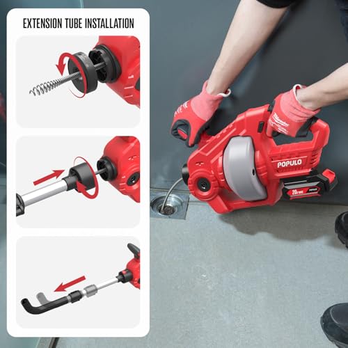 POPULO 20V Cordless Electric Drain Snake, 25Ft Replaceable Cable with 2.0Ah Battery, Extension Tube & Charger, Snake Drain Clog Remover Tool for Toilet, Floor Drain, Sink and Shower 3/4"-2" Pipe - style: 25ft Toilet - Red