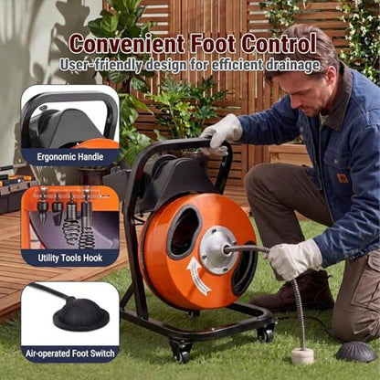 50FT x 1/2 Inch Drain Cleaner Machine, Electric Drain Auger on 4 Wheels for 1"-4" Pipes, Enclosed Metal Drum with 4 Cutters & Pneumatic Foot Switch, Sewer Snake Auger - style: 50FT x 1/2inch