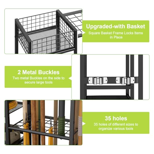 keomaisyto Garden Tool Organizer With Basket - 3 Tier Yard Storage Rack for Garage Organization, Heavy Duty Holder With 35 Long-Handled Slots for Shed, Yard, Garage - size: XL-29.5"W x 12"D x 31.2"H