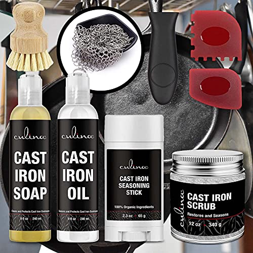Culina Cast Iron Soap stick Conditioning Oil Stainless Scrubber Restoring Scrub brush handle and scrapers |All Natural Ingredients |for Cast Iron Cookware with handle and scrappers colors may vary