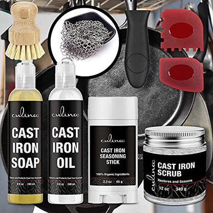 Culina Cast Iron Soap stick Conditioning Oil Stainless Scrubber Restoring Scrub brush handle and scrapers |All Natural Ingredients |for Cast Iron Cookware with handle and scrappers colors may vary