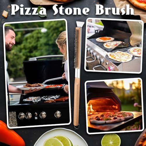 21'' Pizza Oven Brush Pizza Stone Brush with Stainless Steel Stone Scraper and Bristles Outdoor Oven Accessory Includes Extra Replacement Brushes Head and Screwdriver