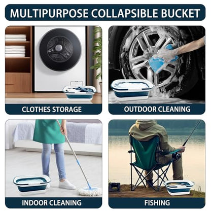 2 Pack Collapsible Plastic Bucket, Large Foldable Cleaning Mop Container, 3.17 Gal Rectangular Portable Water Pail with Handle for House Laundry Fishing Camping Car Washing Storage Green, Grey