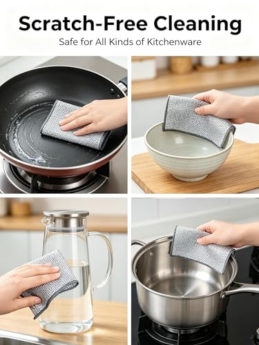 12 Pcs Non Scratch Wire Dishcloth, Metal Dishwashing Rag for Kitchen Sinks Dishes Stove Top, Versatile Durable Odor-Free Effective Mesh Cleaning Tool, 20cm x 20cm Silver