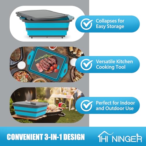 HI NINGER BBQ Prep Tub with Lid, Collapsible Camping Sink with Colander, Cutting Board & Knife Set for Grilling, Smoking & Outdoor Cooking, Collapsible Wash Basin for RV Camping Essentials - color: Blue grey