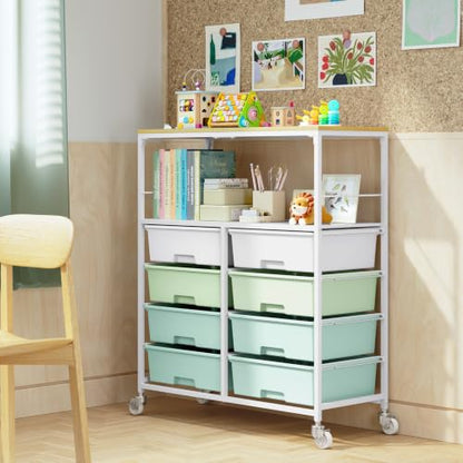 Rolling cart with 8 drawers,Storage drawer cart with wooden tabletop,Lockable wheels organizer for homeschool, arts & crafts, classroom, office & creative spaces (Green) - color: Green