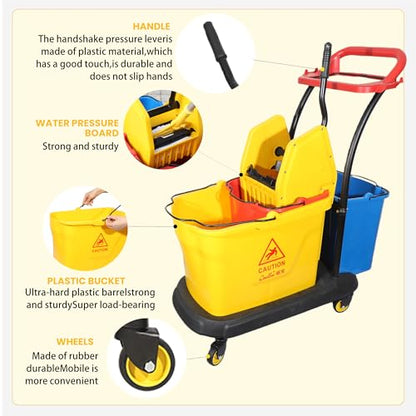 Commercial Cleaning Cart On Wheels, Floor Cleaning Rectangular Mop Bucket with Sturdy Down Press Wringer Combo, 38-Quart, Yellow,ADD One Heavy Duty Mop and Wet Floor Caution Sign（24Inch）